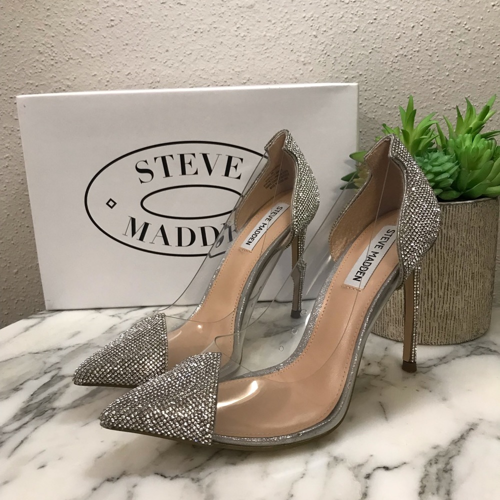 STEVE MADDEN | Clear Plastic Heels With Silver | Size 8 | Malibu-R Rhinestone |